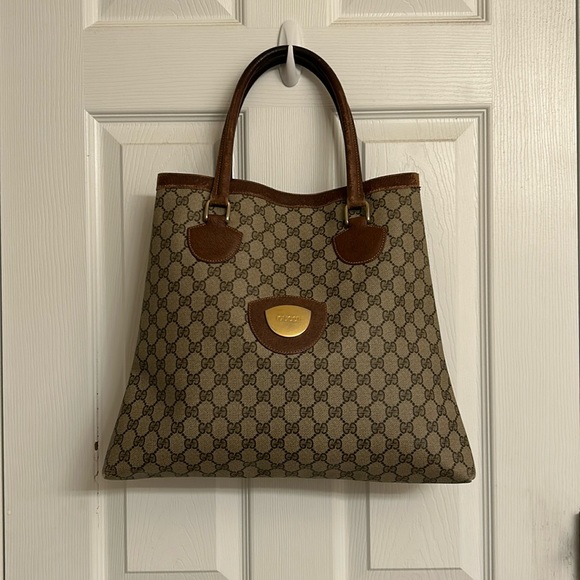Gucci Handbags - Vintage Gucci Supreme Beige Brown Fabulous Tote Bag Leather Handle Gold Accents